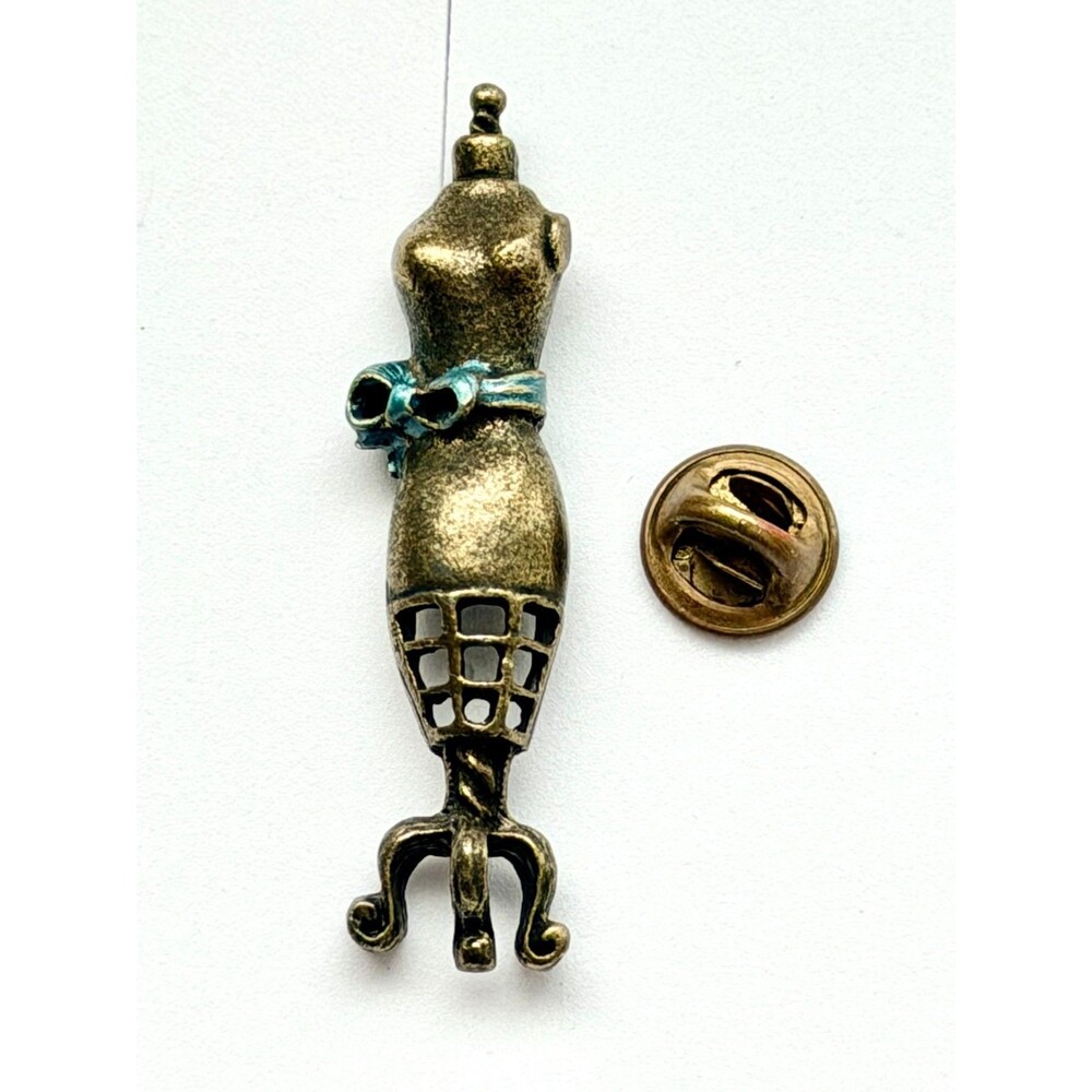 Vintage Ballou Regd Antiqued Brass Dress Form Mannequin Pin Verdigris Bow Brooch